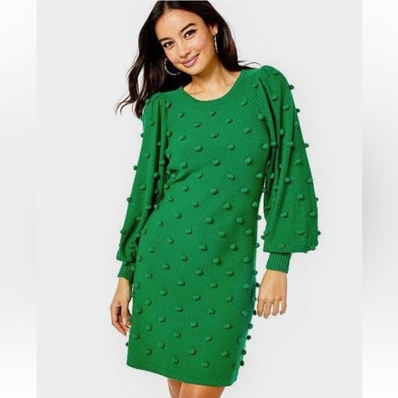 LILLY PULITZER Fern Gully Green KIPPA Sweater Dress Pom Poms Large | B444 - Picture 1 of 8